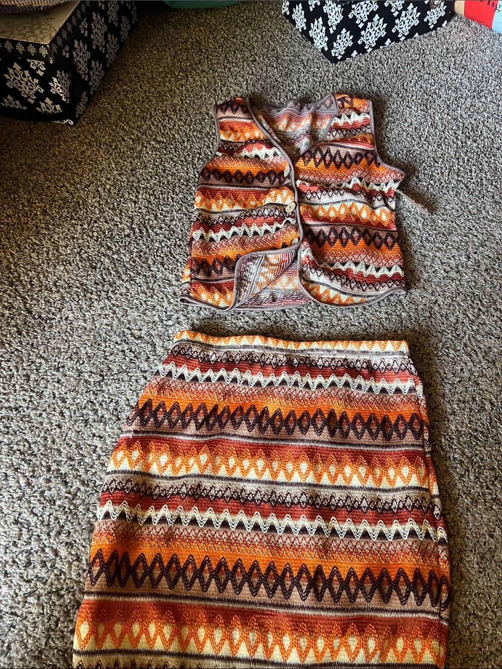 Striped Knit Two-Piece Skirt and Vest Set in Orange Multi